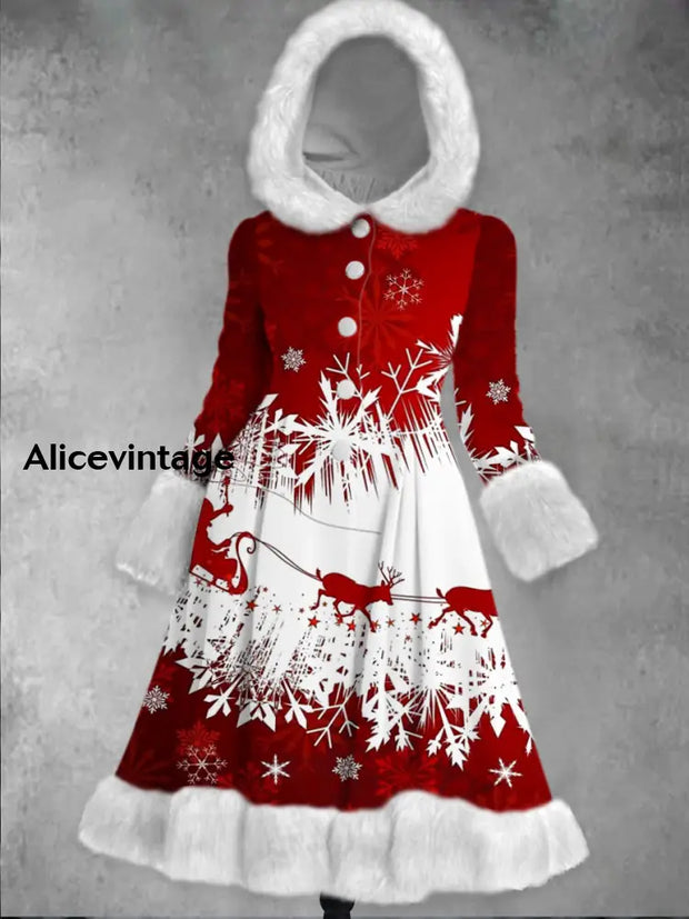 Christmas Art Printed Elegance Furry Cuff Thick Long-Sleeved Fur Hooded Coat Midi Dress