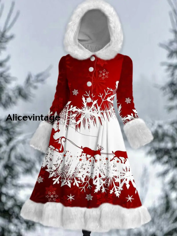 Christmas Art Printed Elegance Furry Cuff Thick Long-Sleeved Fur Hooded Coat Midi Dress A / S