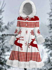 Christmas Art Printed Elegance Furry Cuff Thick Long-Sleeved Fur Hooded Coat Midi Dress A / S