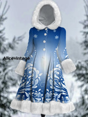 Christmas Art Printed Elegance Furry Cuff Thick Long-Sleeved Fur Hooded Coat Midi Dress A / S