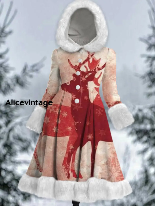 Christmas Art Printed Elegance Furry Cuff Thick Long-Sleeved Fur Hooded Coat Midi Dress A / S