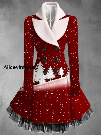 Christmas Art Printed Elegant Lapel V-Neck Button Up Thick Long-Sleeved Mesh Gauze Midi Dress