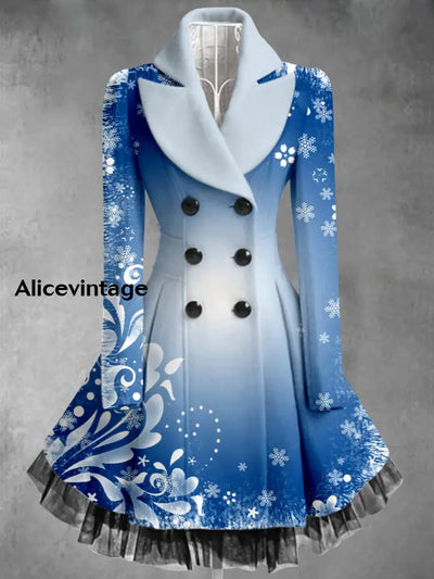 Christmas Art Printed Elegant Lapel V-Neck Button Up Thick Long-Sleeved Mesh Gauze Midi Dress