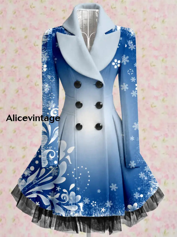 Christmas Art Printed Elegant Lapel V-Neck Button Up Thick Long-Sleeved Mesh Gauze Midi Dress