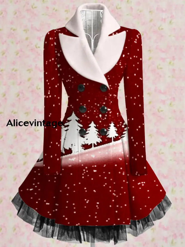 Christmas Art Printed Elegant Lapel V-Neck Button Up Thick Long-Sleeved Mesh Gauze Midi Dress