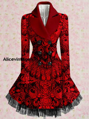 Christmas Art Printed Elegant Lapel V-Neck Button Up Thick Long-Sleeved Mesh Gauze Midi Dress