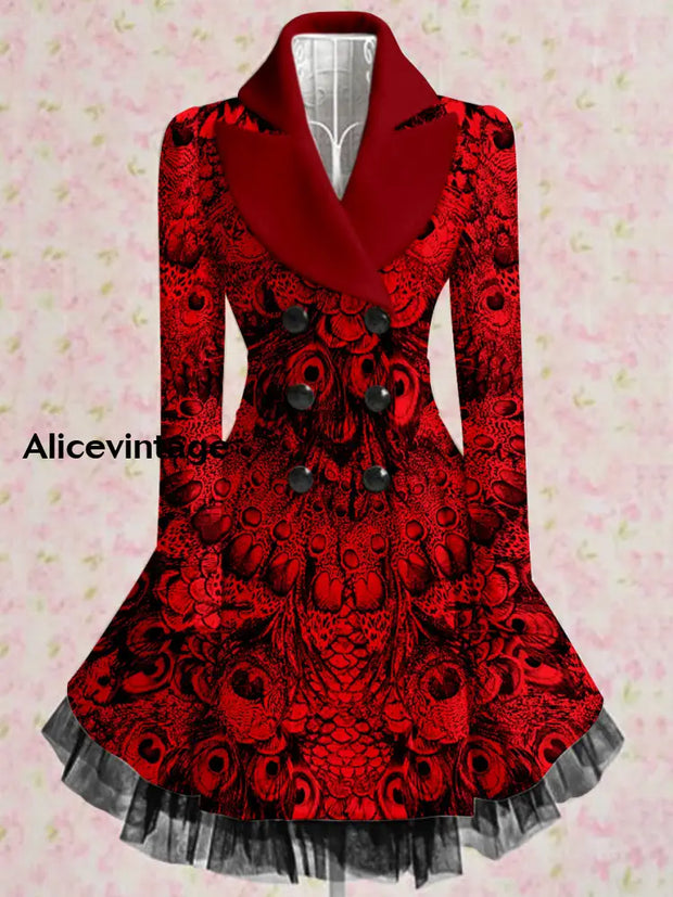 Christmas Art Printed Elegant Lapel V-Neck Button Up Thick Long-Sleeved Mesh Gauze Midi Dress