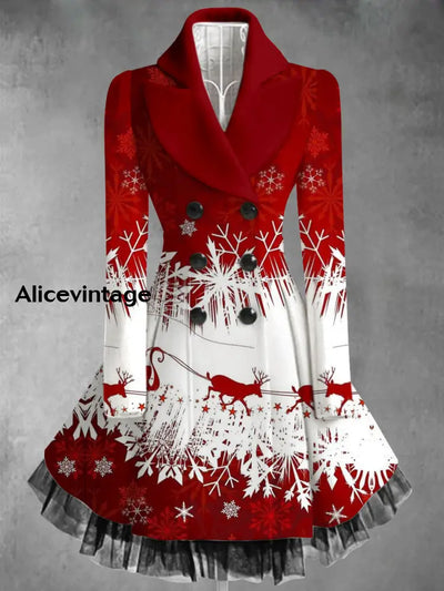 Christmas Art Printed Elegant Lapel V-Neck Button Up Thick Long-Sleeved Mesh Gauze Midi Dress