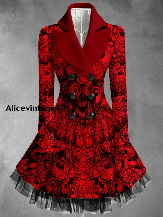 Christmas Art Printed Elegant Lapel V-Neck Button Up Thick Long-Sleeved Mesh Gauze Midi Dress