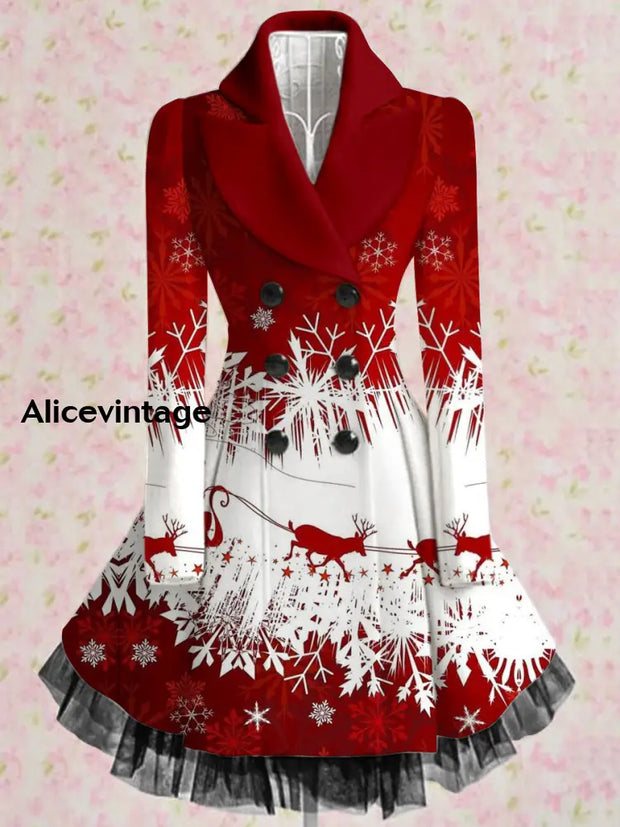 Christmas Art Printed Elegant Lapel V-Neck Button Up Thick Long-Sleeved Mesh Gauze Midi Dress