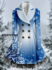 Christmas Art Printed Elegant Lapel V-Neck Button Up Thick Long-Sleeved Mesh Gauze Midi Dress A / S