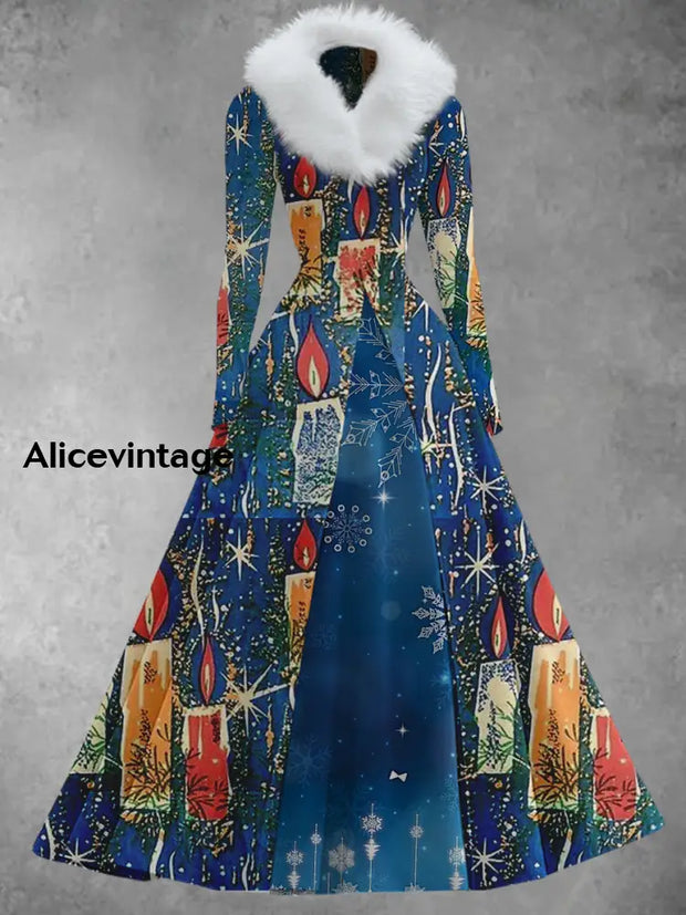 Christmas Candlelight Art Print Vintage Elegant V-Neck Fur Collar Long Sleeve Midi Dress A / S