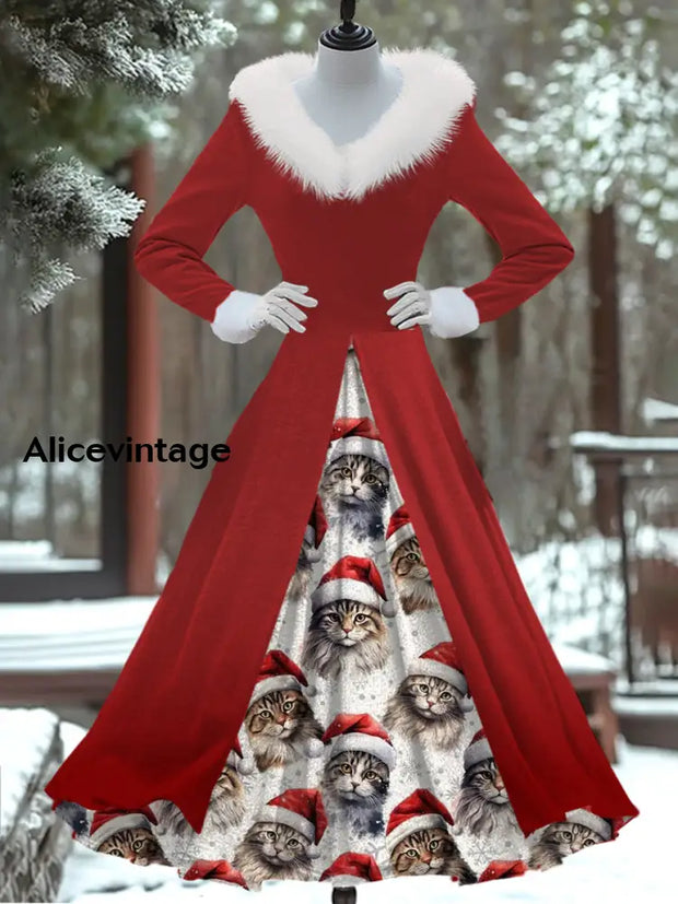 Christmas Cat Art Print Vintage Elegant Fur Collar Long Sleeve Fake Two Piece Dress A / S