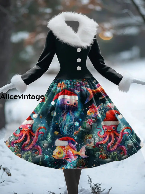 Christmas Fish Art Print Vintage Elegant Fur Collar Long Sleeve Midi Dress A / S