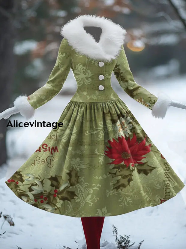 Christmas Floral Art Print Vintage Elegant Fur Collar Long Sleeve Midi Dress A / S