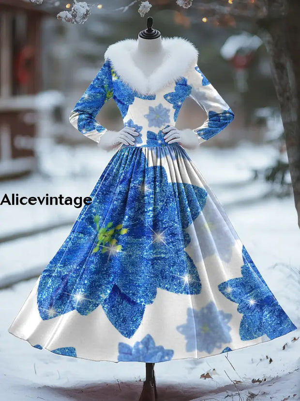 Christmas Floral Art Print Vintage Elegant Fur Collar Long Sleeve Midi Dress A / S