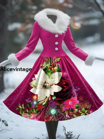 Christmas Floral Art Print Vintage Elegant Fur Collar Long Sleeve Midi Dress A / S