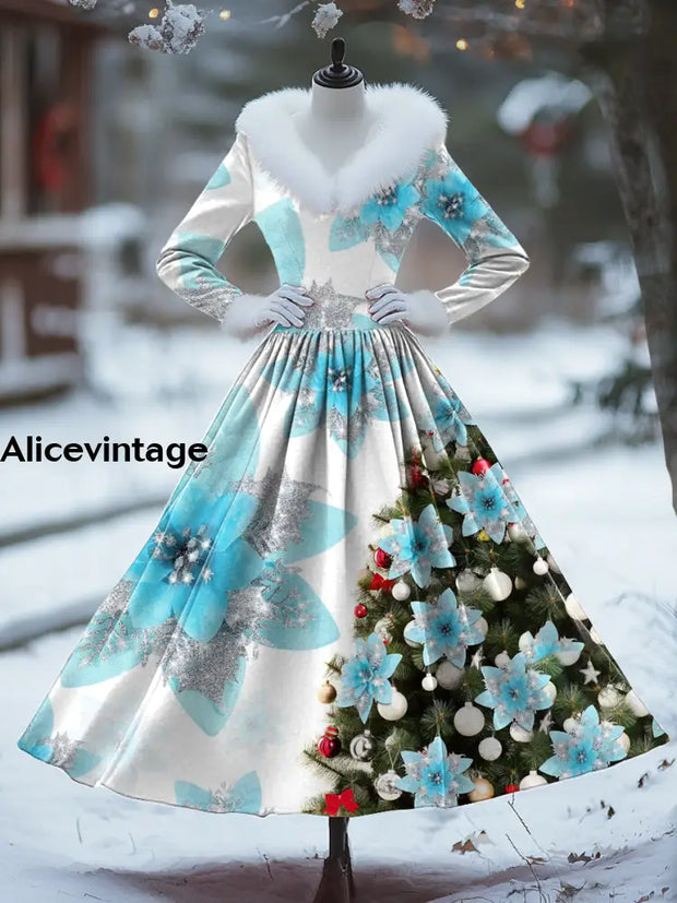 Christmas Floral Art Print Vintage Elegant Fur Collar Long Sleeve Midi Dress A / S