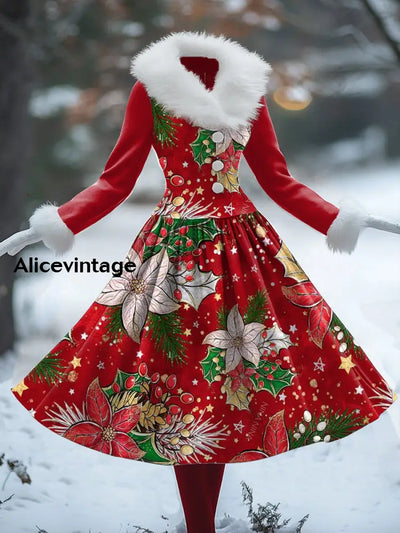 Christmas Floral Art Print Vintage Elegant Fur Collar Long Sleeve Midi Dress A / S