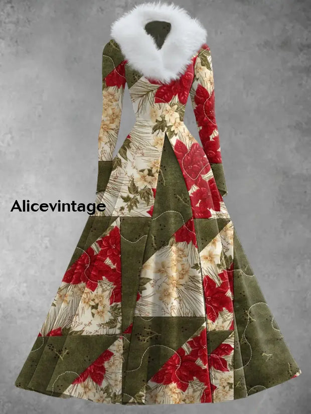 Christmas Floral Art Print Vintage Elegant Long Sleeve Fake Two-Piece Maxi Dress A / S