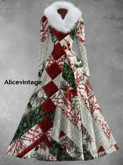 Christmas Floral Art Print Vintage Elegant Long Sleeve Fake Two-Piece Maxi Dress A / S