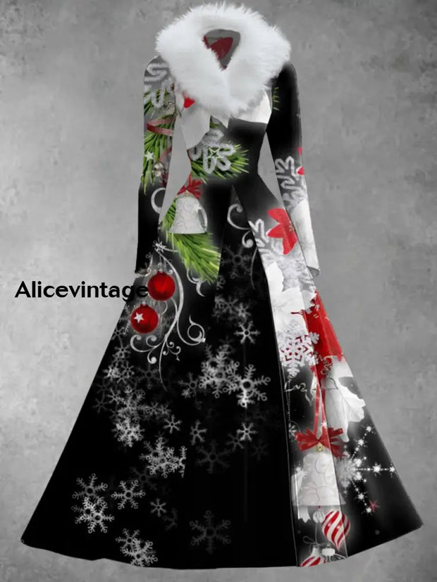 Christmas Floral Art Print Vintage Elegant V-Neck Fur Collar Long Sleeve Midi Dress