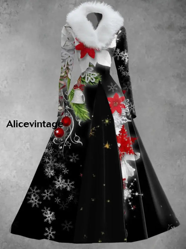 Christmas Floral Art Print Vintage Elegant V-Neck Fur Collar Long Sleeve Midi Dress A / S