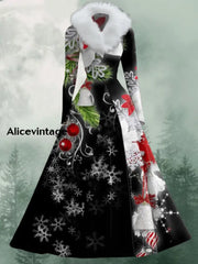 Christmas Floral Art Print Vintage Elegant V-Neck Fur Collar Long Sleeve Midi Dress A / S