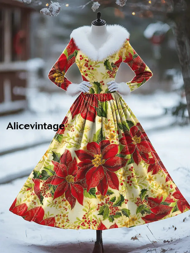 Christmas Floral Print Vintage Elegant Fur Collar Long Sleeve Midi Dress A / S