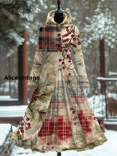 Christmas Floral Print Vintage Elegant Long Sleeve Maxi Fake Two-Piece Dress A / S