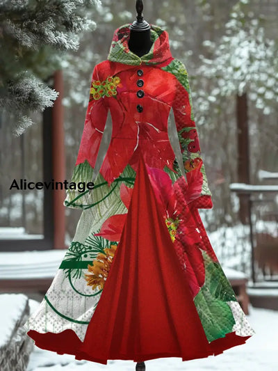 Christmas Flower Art Print Vintage Elegant Long Sleeve Maxi Dress Fake Two Piece A / S