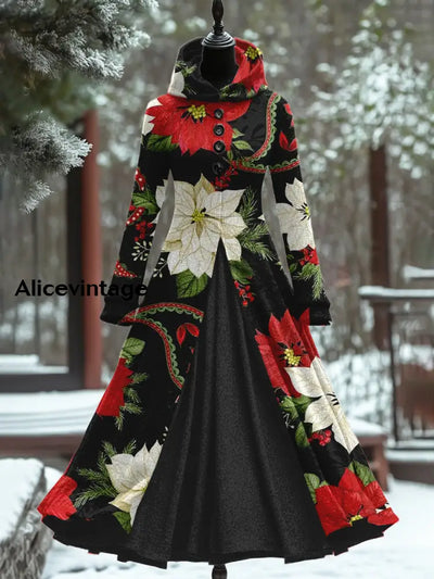 Christmas Flower Art Print Vintage Elegant Long Sleeve Maxi Dress Fake Two Piece A / S