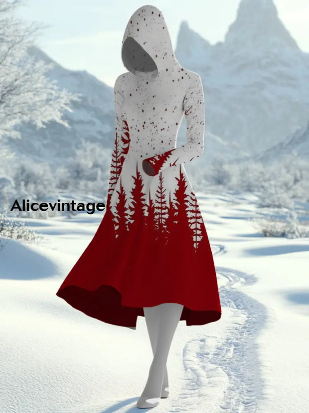 Christmas Forest Art Print Vintage Elegant Long Sleeve Hooded Dress A / S