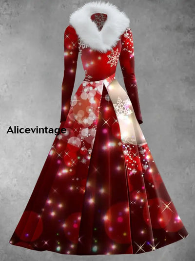 Christmas Glitter Art Print Vintage Elegant V-Neck Fur Collar Long Sleeve Midi Dress