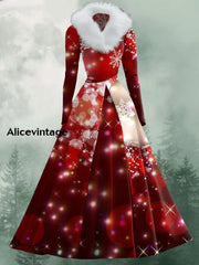 Christmas Glitter Art Print Vintage Elegant V-Neck Fur Collar Long Sleeve Midi Dress A / S