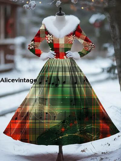 Christmas Gradient Art Print Vintage Elegant Fur Collar Long Sleeve Midi Dress A / S