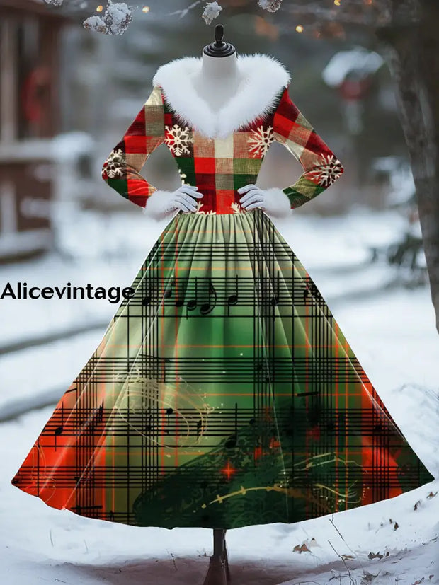 Christmas Gradient Art Print Vintage Elegant Fur Collar Long Sleeve Midi Dress A / S