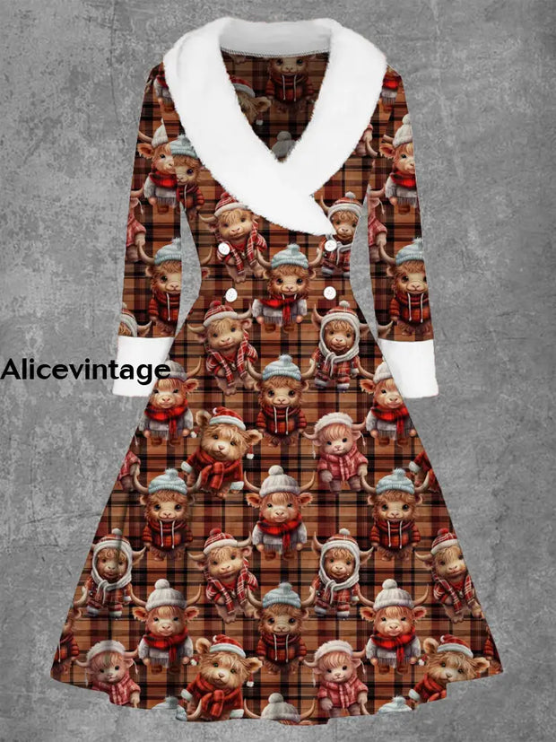 Christmas Highland Cows Print Vintage Elegant Fur Collar Button Long Sleeve Coat Dress