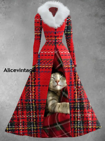 Christmas Kitten Art Print Retro Elegant Long Sleeve Fake Two Piece Maxi Dress A / S