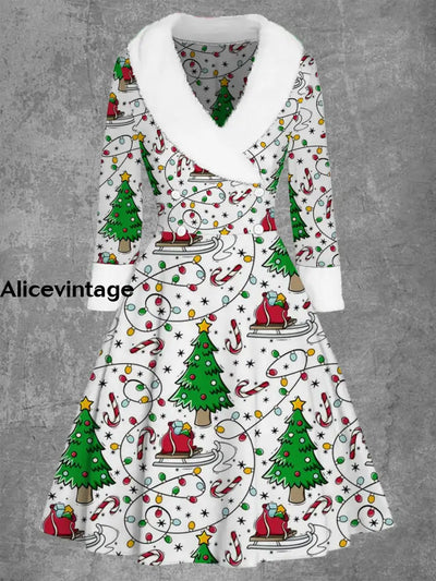 Christmas Light Art Print Vintage Elegant Fur Collar Button Long Sleeve Coat Dress A / S