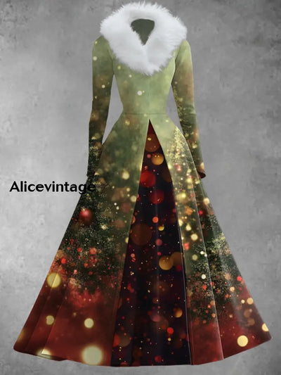 Christmas Light Art Print Vintage Elegant V-Neck Fur Collar Long Sleeve Midi Dress A / S