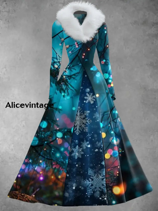 Christmas Light Art Print Vintage Elegant V-Neck Fur Collar Long Sleeve Midi Dress A / S