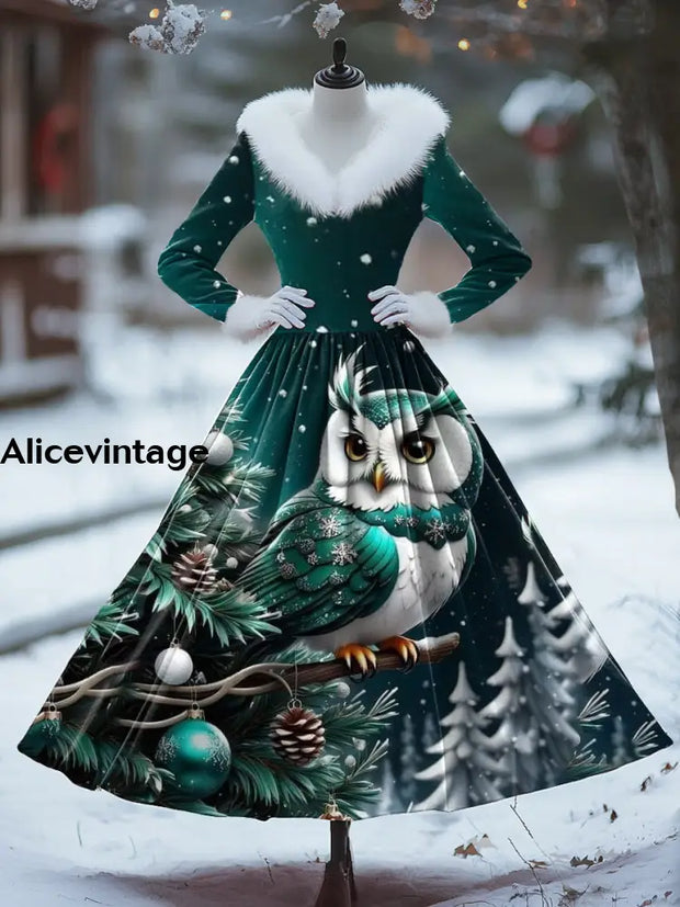 Christmas Owl Art Print Vintage Elegant Fur Collar Long Sleeve Midi Dress A / S