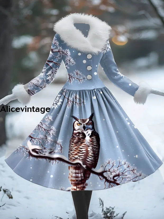 Christmas Owl Art Print Vintage Elegant Fur Collar Long Sleeve Midi Dress A / S