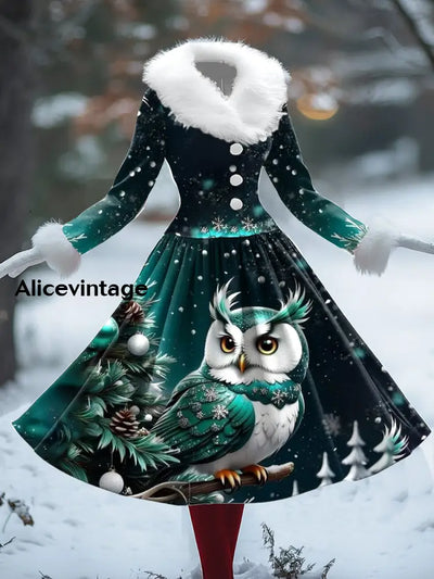 Christmas Owl Art Print Vintage Elegant Fur Collar Long Sleeve Midi Dress A / S