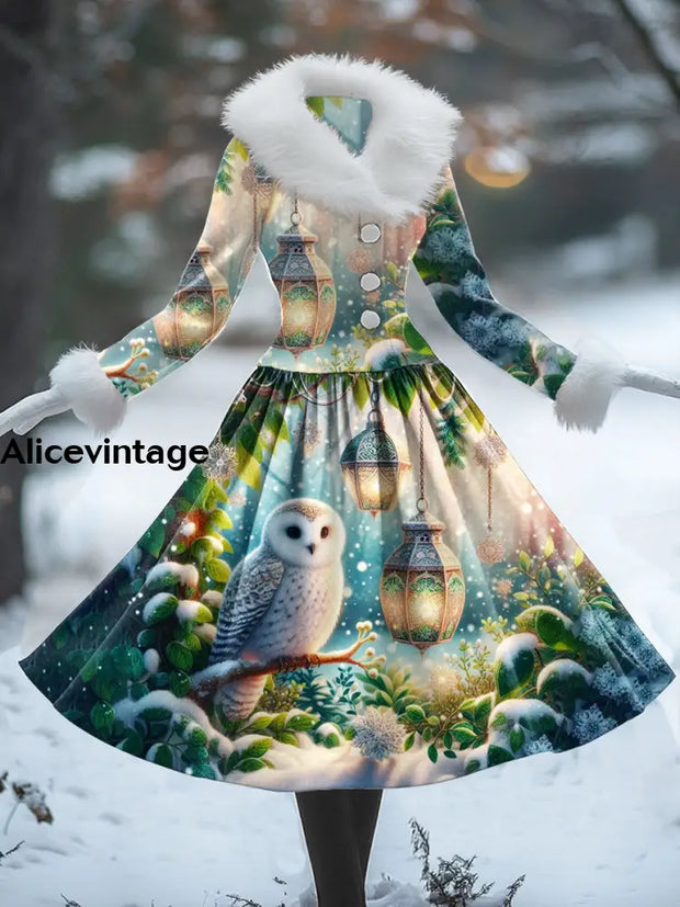 Christmas Owl Art Print Vintage Elegant Fur Collar Long Sleeve Midi Dress A / S