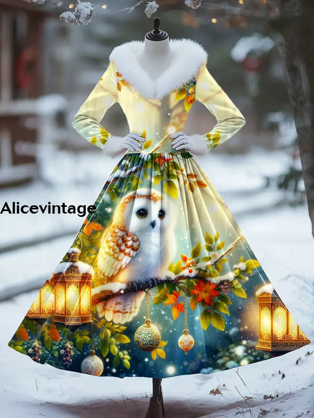 Christmas Owl Art Print Vintage Elegant Fur Collar Long Sleeve Midi Dress A / S