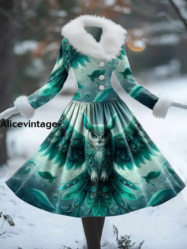 Christmas Owl Art Print Vintage Elegant Fur Collar Long Sleeve Midi Dress A / S