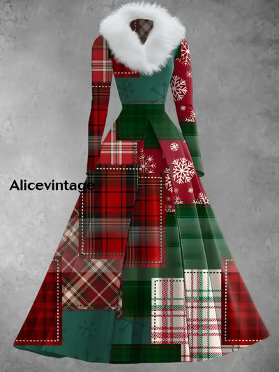 Christmas Plaid Art Print Retro Elegant Long Sleeve Fake Two-Piece Maxi Dress A / S