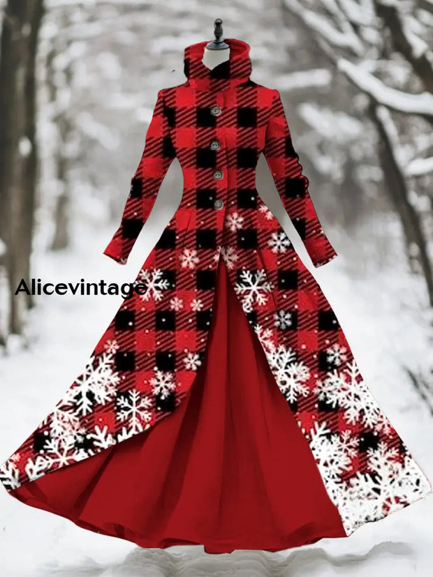 Women’s Retro Christmas Art Print Stand-Up Collar Long Sleeve 50S Elegant Slim Midi Holiday